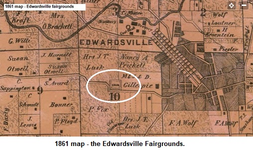 1861 map showing the Edwardsville fairgrounds
