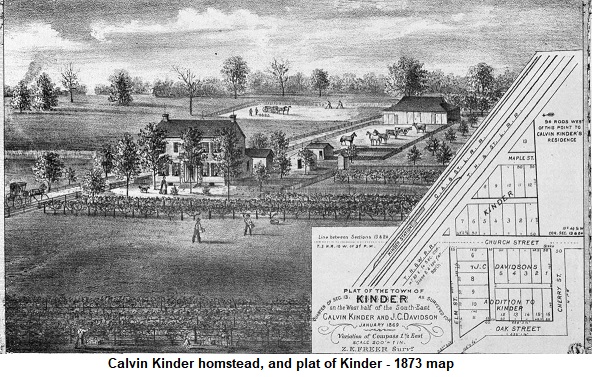 Calvin Kinder homestead and 1873 plat of Kinder
