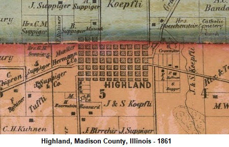 1861 map of Highland, Illinois