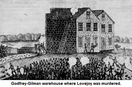 The mob outside the Godfrey-Gilman warehouse where Lovejoy was killed.